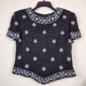 Cote d Azur 100% Silk beaded Sequins Top Size Large Party Formal